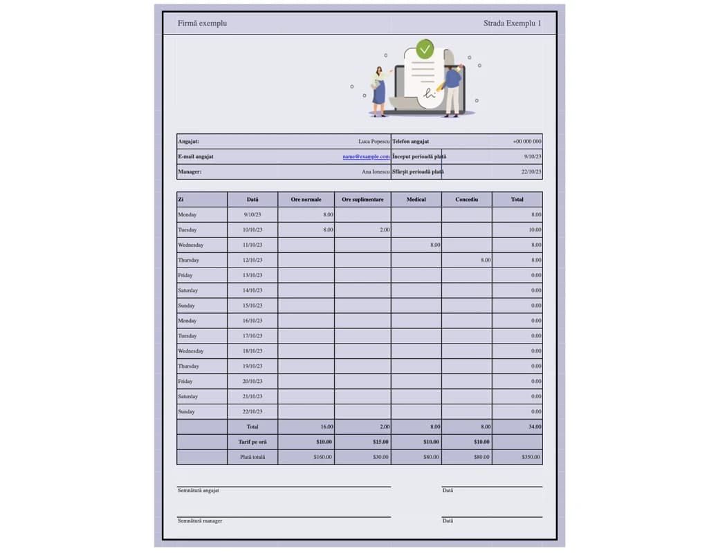Previzualizare model Excel de pontaj pe două săptămâni