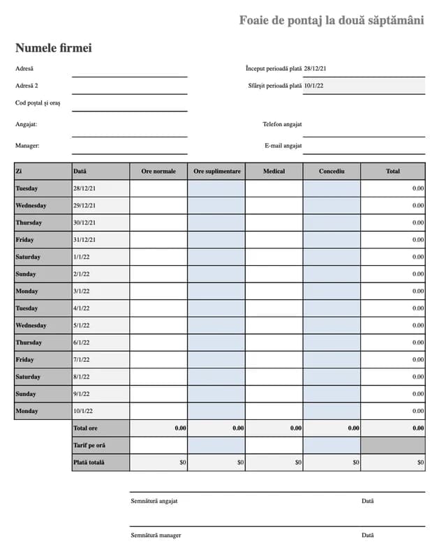 Previzualizare model Excel de pontaj cu concediu medical și concediu de odihnă