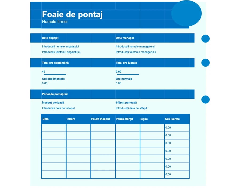 Previzualizare model pontaj simplu în Excel