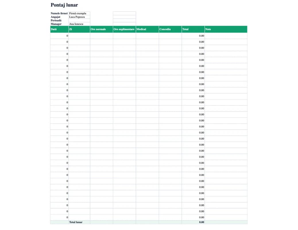 Previzualizare Excel: Pontaj lunar