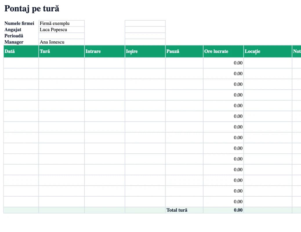 Previzualizare Excel: Pontaj pe tură