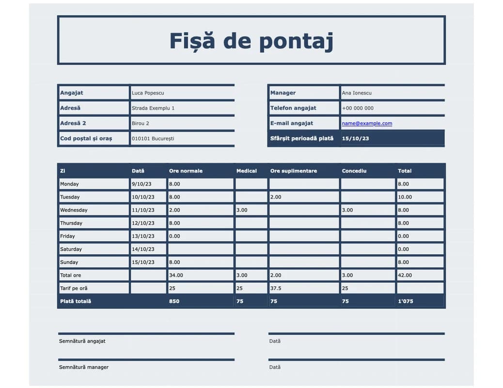 Previzualizare fișă de pontaj Excel cu ore de intrare, ieșire și pauză