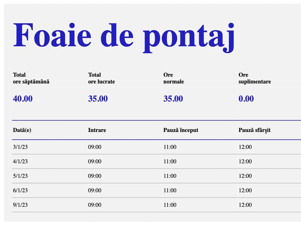 Previzualizare model Excel de foaie de pontaj săptămânală