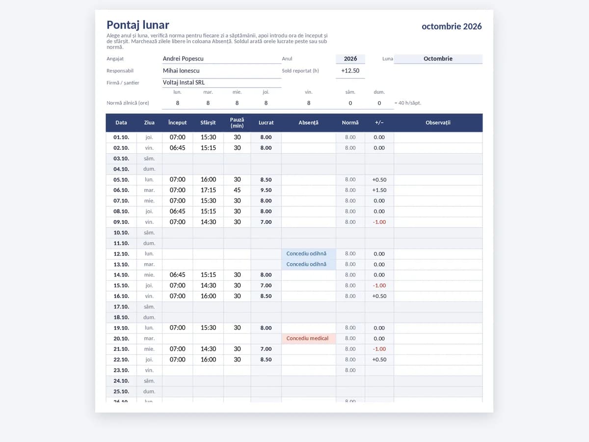 Model de pontaj lunar în Excel cu date, coloană de absențe, normă și sold de ore